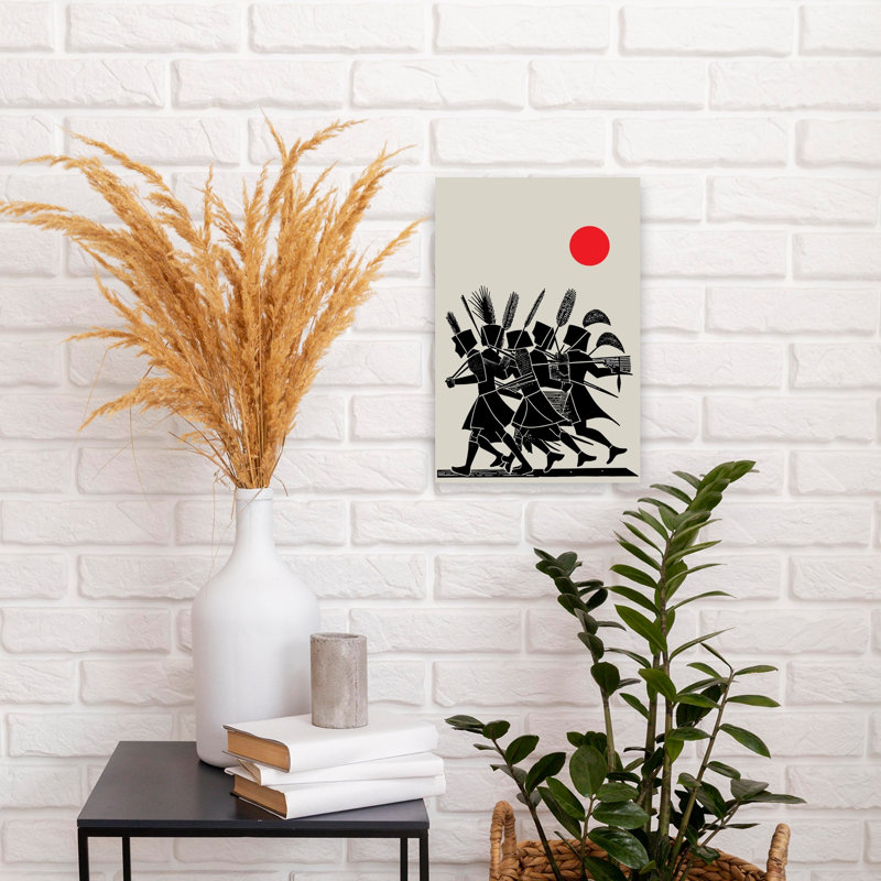 Marching Archers Red Sun Minimalist Abstract Architecture Landscape Wall Art Print 1 Piece Wrapped Canvas Wall Art