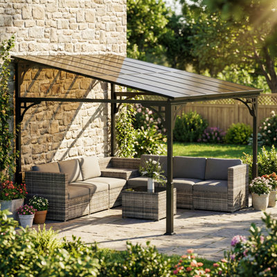 Pergola d'extérieur 11 pi x 10 pi, pavillon mural à toit rigide adossé