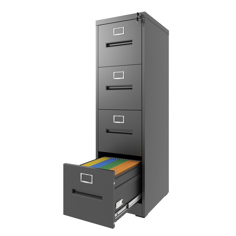 4 Drawer Vertical File Cabinet For Office, Locked, A4 Legal/letter Size, High - Capacity Storage, Quiet Sliding, Quick Assembly, Black Finish Smooth Slides, Powder Coated