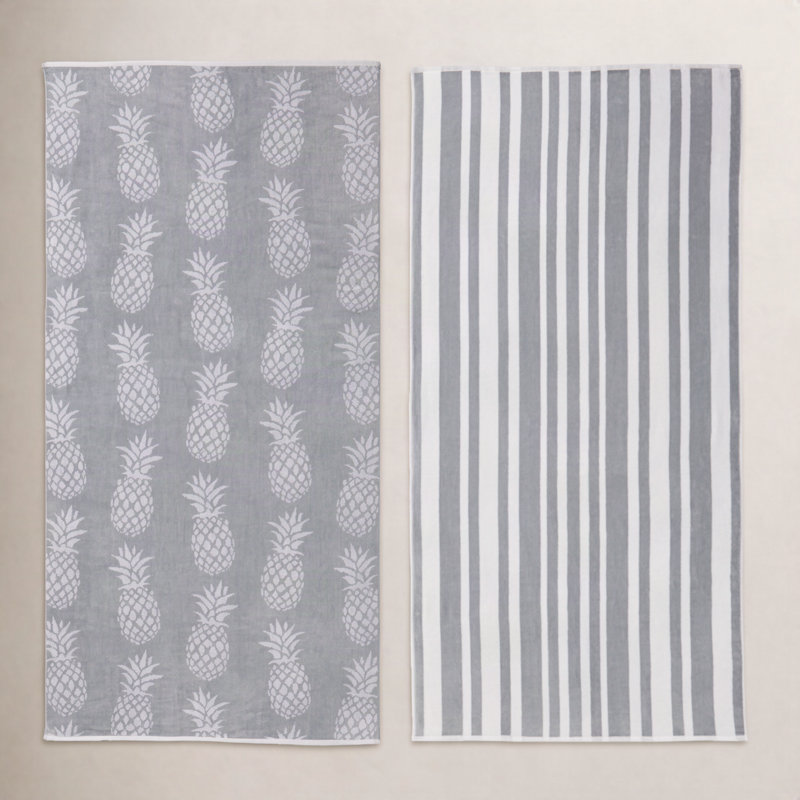 Serviettes de plage 100% jacquard 100% coton, Gris / blanc ananas et rayures