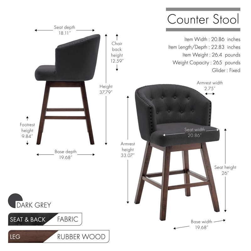 Tabouret de bar Arlisa, Gris foncé, Tabouret de comptoir (siège d'une hauteur de 26 p