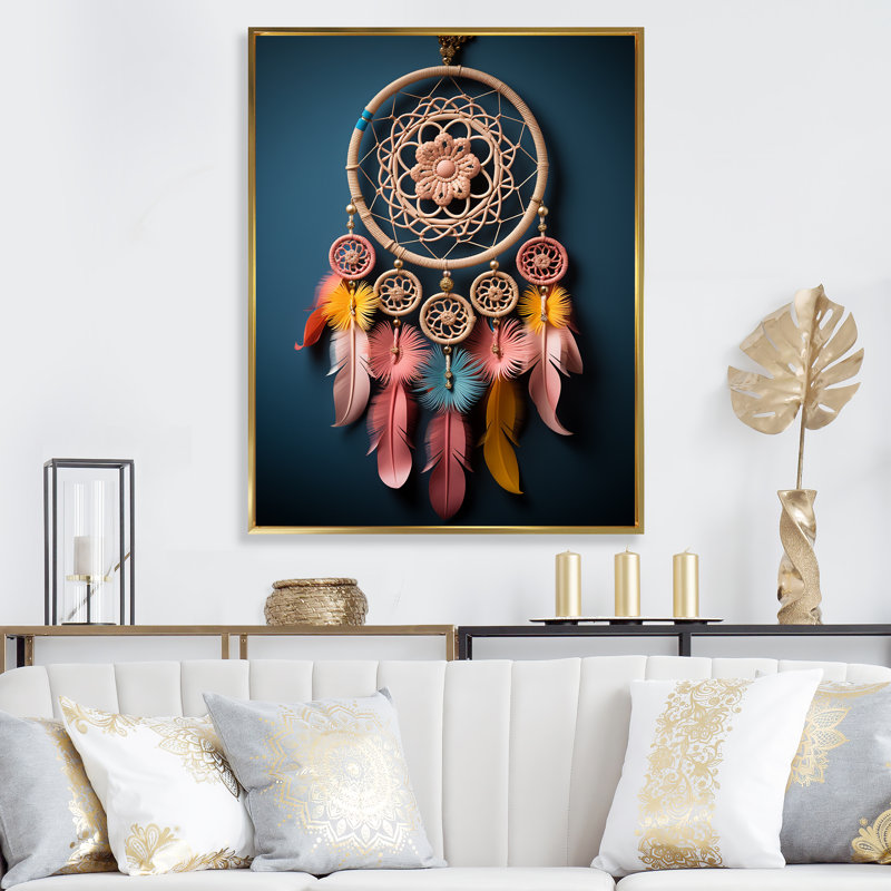 "Capteur de rêves amérindien rose et bleu", Cadre flottant doré, H 40 po x l 30 po x P 1,5 po