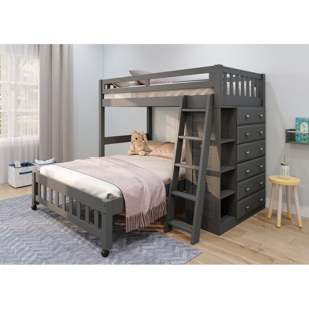 Hovea Twin over Full 6 Drawer Solid Wood L-Shaped Bunk Beds with Bookcase by Discovery World Furniture Mason & Marbles