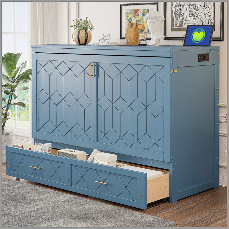 Grand lit escamotable mural avec tiroir et un ensemble de prises et de ports USB, bleu marine, Marine