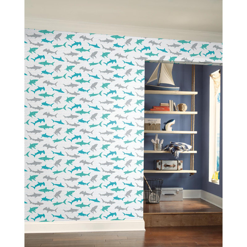 Rouleau de papier peint L 33 pi x l 20,5 po Shark Charades, Bleu sarcelle