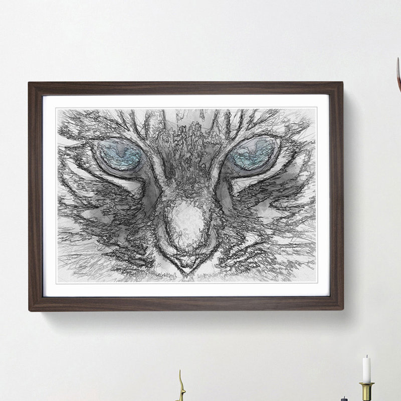Bright Blue Cat Eyes in Abstract - Picture Frame Painting Print, 62cm H x 87cm W x 2cm D, Walnut Framed