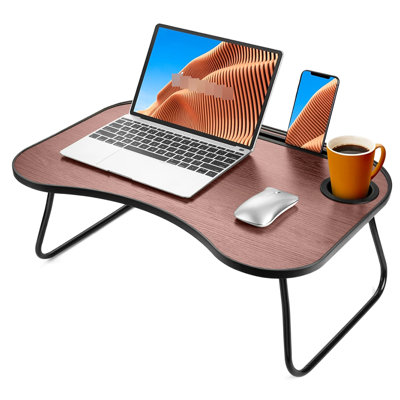 Portable Foldable Lap Desk Of Wood, Featuring Cup Groove And Smooth Surface, For Use In Bed, On Couch Or Backyard Wood With Surface Groove, A Smart Op