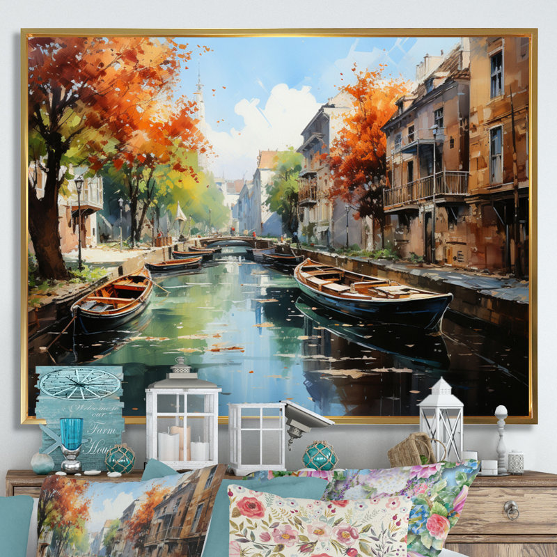 «Green Canal Dramatic Canals High», reproduction sur toile, Cadre flottant doré, H 30 po x l 40 po x P 1,5 po