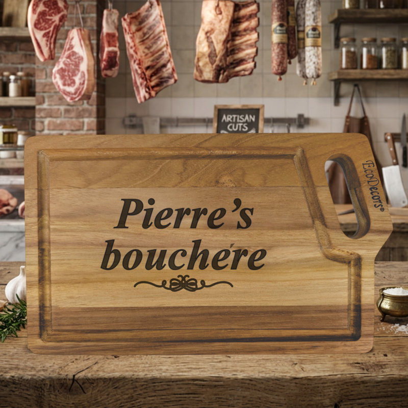 Planche à découper personnalisée en teck de 10 po x 6 po avec rainure et poignée, certifié FSC, petite planche de cuisine pour la cuisine