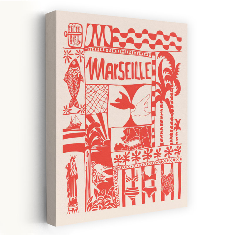Affiche murale abstraite de vacances d'été à Marseille, avec palmiers, poissons et architecture de plage, H 48 po x l 32 po