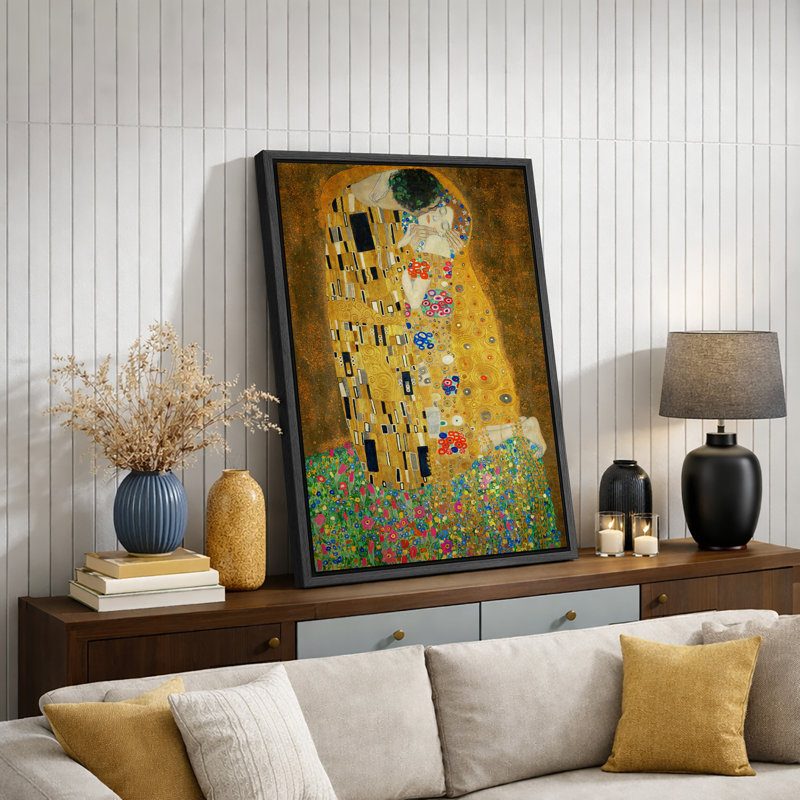 Célèbre œuvre d'art «The Kiss» par Gustav Klimt, H 36 po x l 24 po, Reproduction avec cadre flottant, Noir