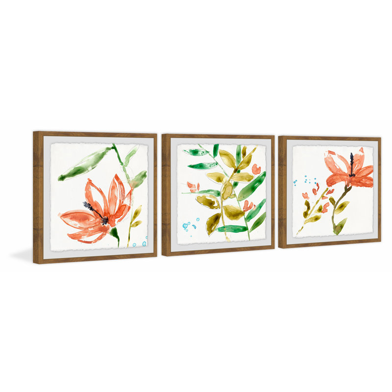 « orange fleuri », ensemble de 3 reproductions de peintures à l’aquarelle encadrées, H 12 po x l 12 po x P 1,5 po