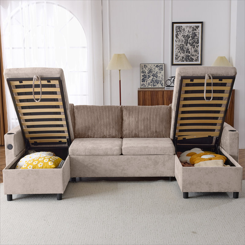 113.4" Sectional Sofa Pull-out Sofa Bed Versatile Sofa Sleeper with Large Storage Space, Two USB Ports and Two Cup Holders for Living Room), Brown