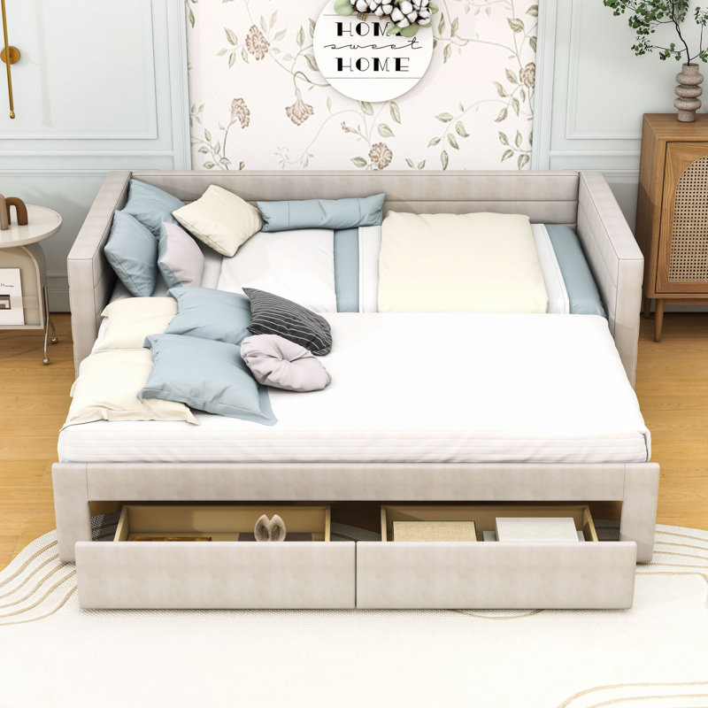 Structure de lit simple rembourrée avec couchette et tiroirs de rangement, Beige
