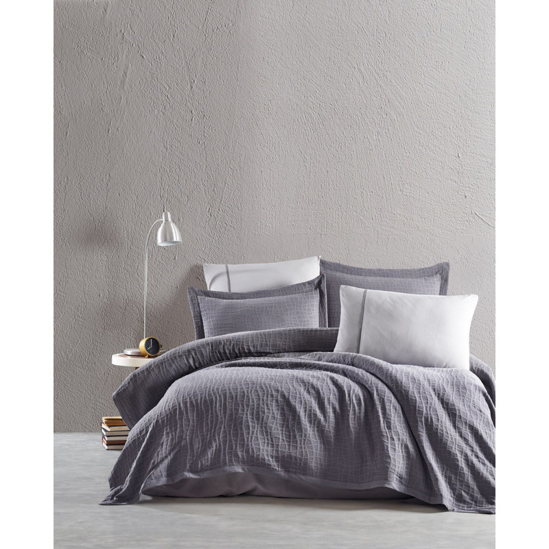 Ensemble de couvre-lit double 100% coton jacquard, gris | Comprend 1 housse de lit (94,5 x 102,4), 1 drap plat (94,5 x 102,4), 2 taies d'oreiller (19,7 x 27,6), 2 taies d'oreiller Oxford (19,7 x 29,5) | Lavable à la machine, confort luxueux, facile d'entretien