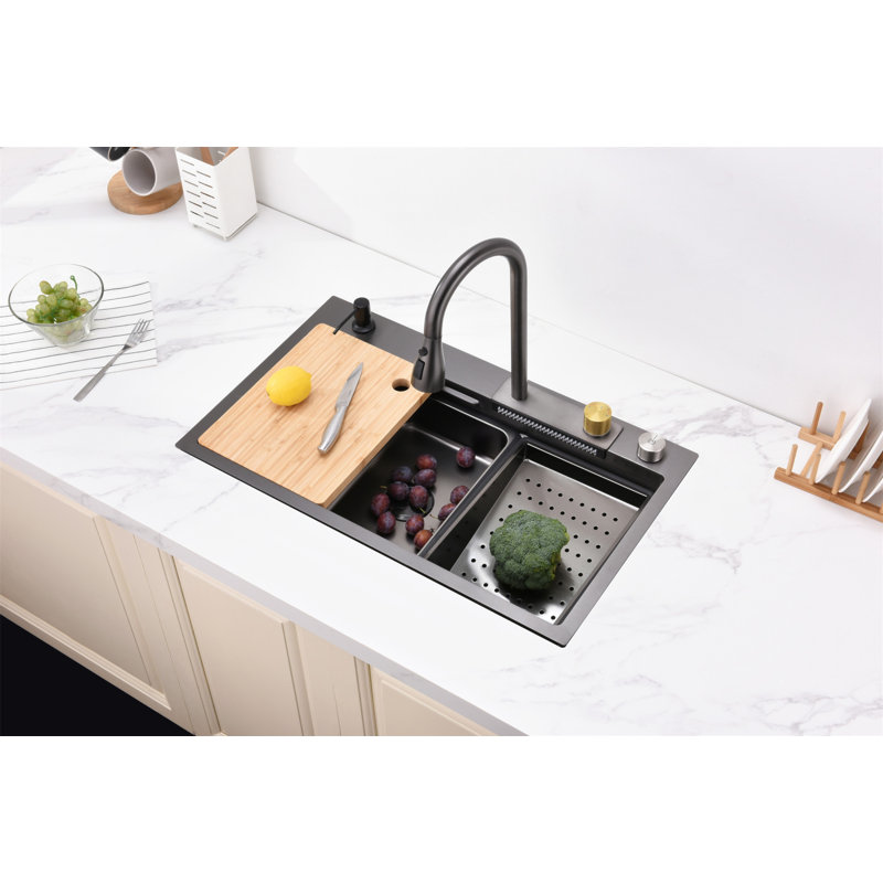 Waterfall Kitchen Sink, Stainless Steel Single Bowl In Black, Multifunctional Workstation With Flying-Rain Faucet And Cutting Board, 30×18″ Stainless Steel Single Bowl Sink, LS-SSBL05