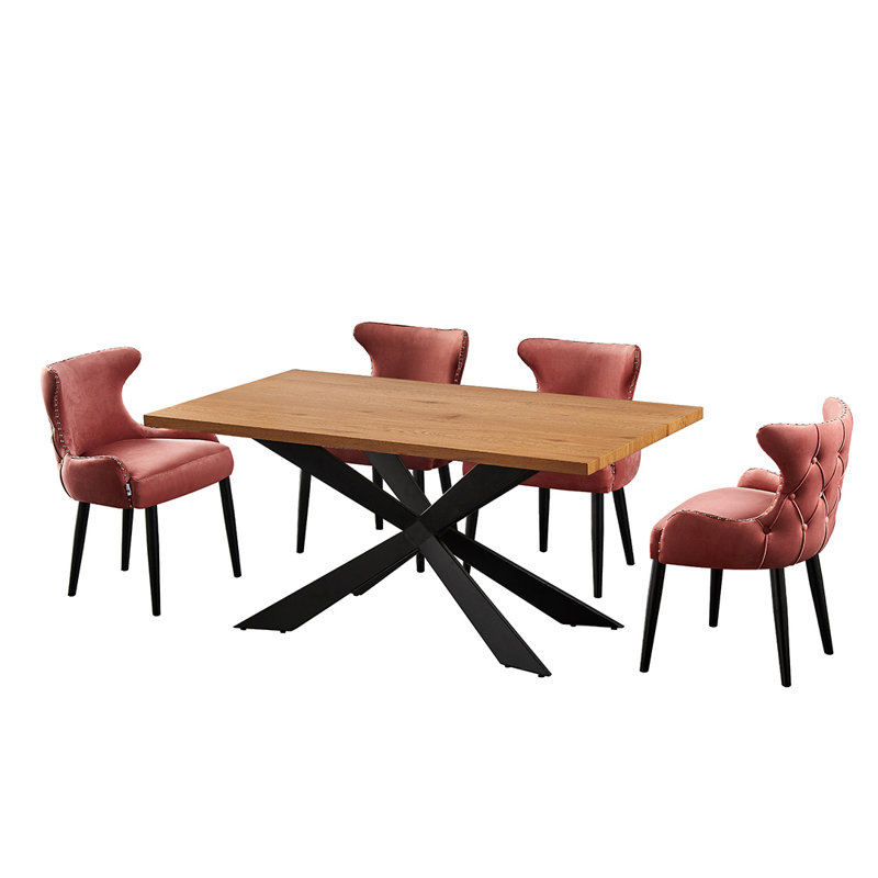 Ricky 6 Person Dining set - a Rectangular Wooden Dining Table with Metal Legs and a Set of 6 Quilted Velvet Dining Chairs for Dining Room - Modern Dining Table Set