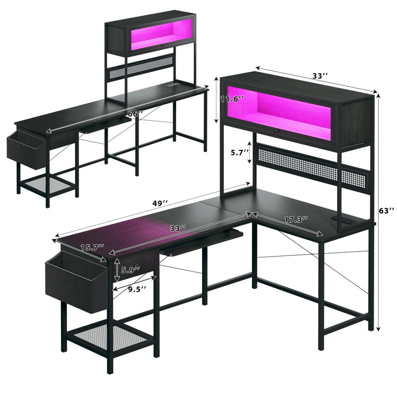 Bureau d'ordinateur en L réversible avec prises de courant et lumières DEL réglables, Noir