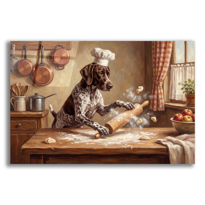 Art mural en verre acrylique 24 po x 16 po Epic Art «German Shorthaired Pointer In The Kitchen» par Rich Monet