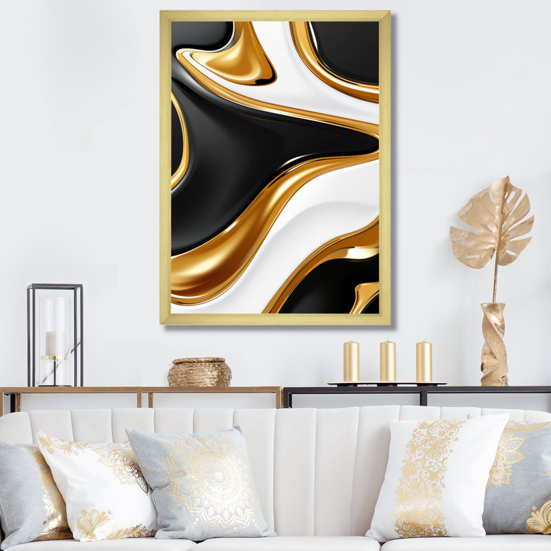 Vague liquide or noir et blanc dimension I sur toile, H 20 po x l 12 po x P 1 po, Cadre doré à une seule photo