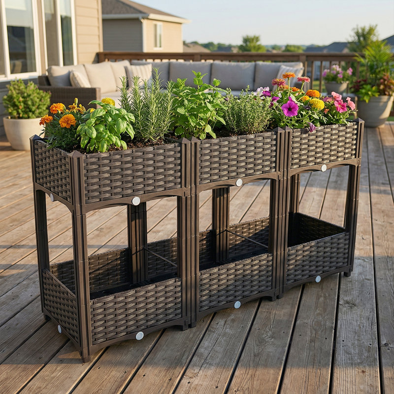 Waterproof & Modular Planter Beds With Drainage - Perfect For Herbs, Vegetables, And Flowers, Set of 3, Brown
