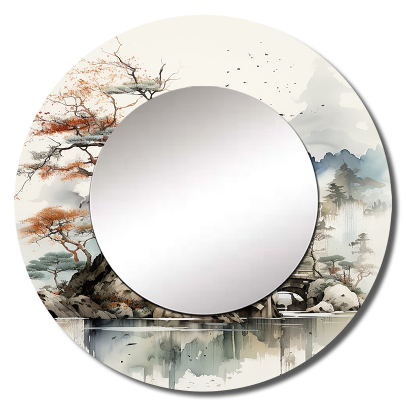 Asian Art Fantasy Sumi II - miroir décoratif asiatique, miroir mural rond, impression sur métal, 29 po x 29 po