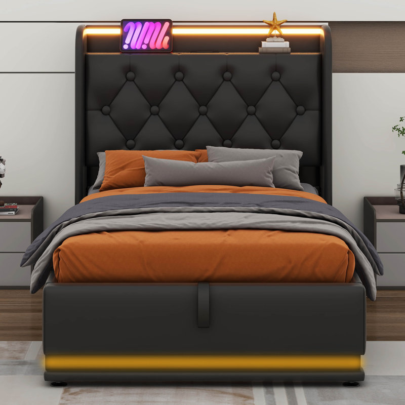  Drye Upholstered Bed, 360 Surround LED Function, Buttons/Apps/Remote Control, Hydraulic Storage, Twin, Black