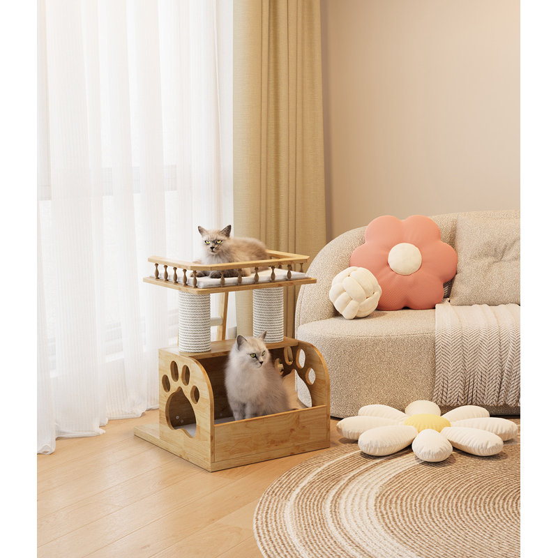 Solid Wood Cat Tree Tower, Small Wooden Cat Tree with Cat Condo for Indoor Cats, Modern Cat Furniture, Sisal Scratching Posts and Raised Perches, 25"