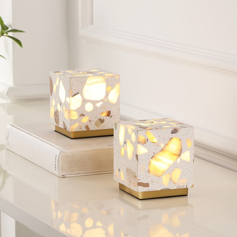 Clingmans 4.63" Modern Glam Terrazzo Rechargeable/Cordless Dimmable LED Mini Table Lamp with Touch Sensor, Ivory/Brass Gold