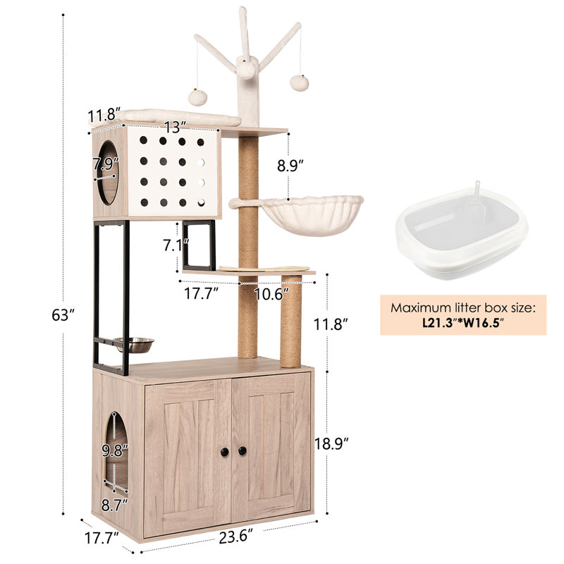 Arbre à chat à 3 niveaux avec bac à litière, gris moderne, avec poteaux à griffer, bol d'alimentation et boules détachables, disposition verticale intégrée peu encombrante, tapis amovibles