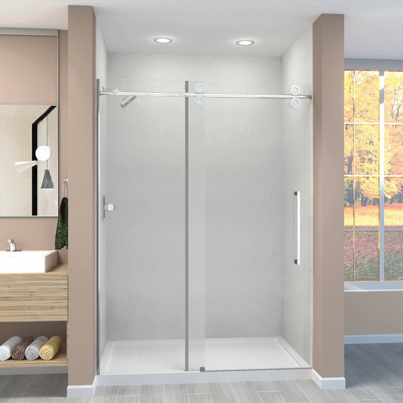 Porte de douche de grange coulissante sans cadre, verre de fer de 3/8 po de bas, 59 po de large x 80 po de haut, par Transolide Teegan Plus