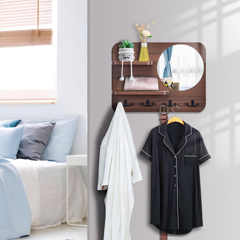 Rustic Wall Mounted Coat Rack with Shelf, Mirror and 4 Double Hooks