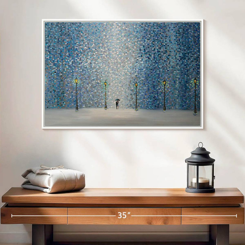 Baiser sous la pluie, 25 po x 17 po, Cadre flottant blanc