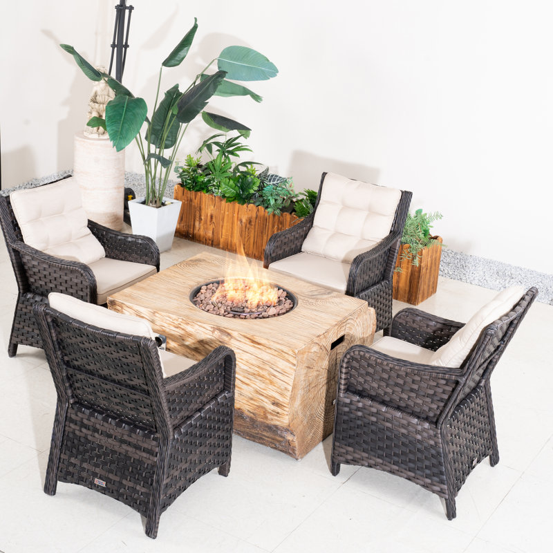 4 - Person Outdoor Patio Dining Set With Fireplace Table , Cushions Included