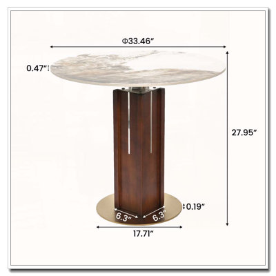 Table de salle à manger ronde, plateau en pierre mate résistante aux rayures de 12 mm, pied en noyer massif avec incrustations métalliques, base élargie en quincaillerie dorée, petite table basse pour 2 personnes idéale pour balcon ou salon, style rétro.