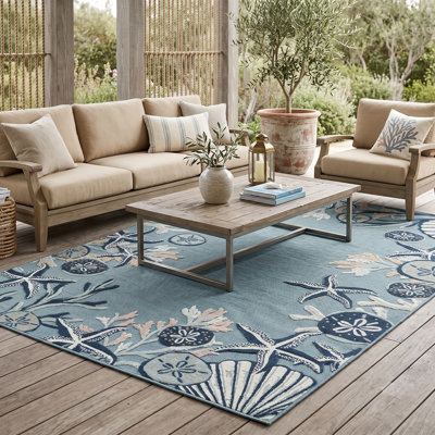 Navy/Blue Coastal Floral Power-loomed Indoor Area Rug