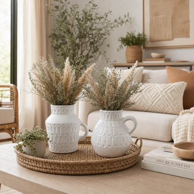 Grands vases décoratifs en terre cuite aztèque pour décor de salon Ensemble de vases à fleurs modernes pour la maison ou le bureau de 2, 8 po, 6 po, blanc et ivoire