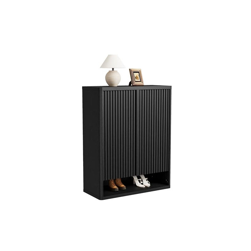 31.5 Inch Shoe Cabinet, Large Shoe Storage Cabinet with Adjustable Shelves, Wooden Shoe Organizer with Fluted Door, Black