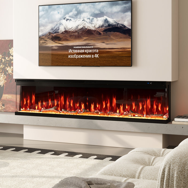Modern Electric Fireplace Heater With 3-Sided Clear Tempered Glass, 500 sq ft, 17.1" H x 72" W x 7.87" D