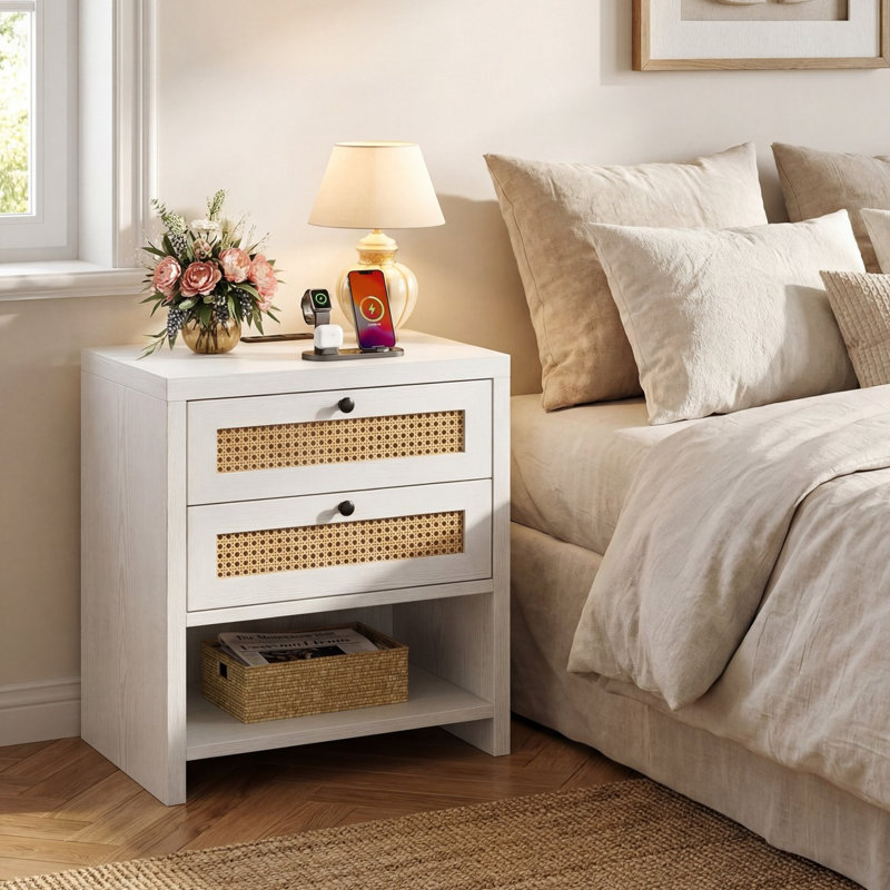 Vena Modern 22.8"W X 24.4"H Night Stand With Charging Station, Boho Rattan Nightstand Bedside Table With 2 Drawers & 1 Shelf, Small Wood End Table With Storage Cabinet