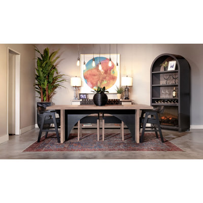 Modern Rectangular Arch Table Woven-Back Dining Set with Barrel-Arm Captain Chairs