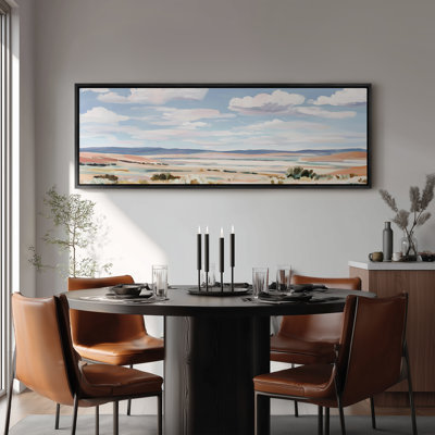 Art mural encadré - Paysage de désert ouvert avec ciel bleu et formes douces au pinceau - 16 po x 24 po, 24 po x 36 po