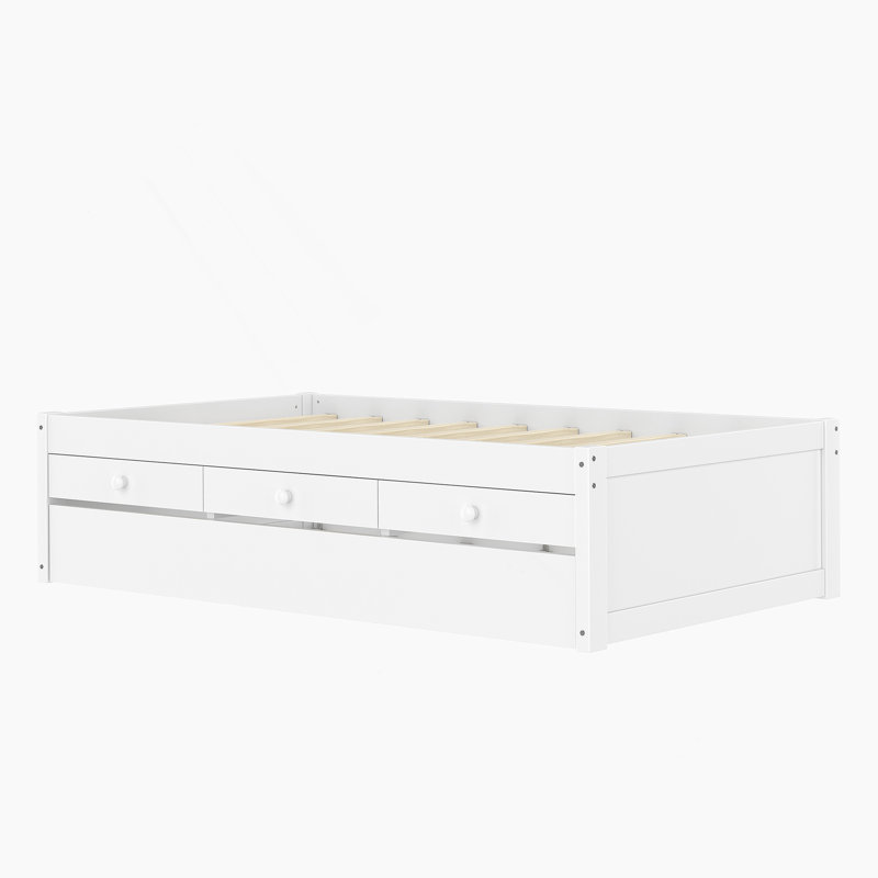Lit plateforme simple avec lit gigogne, 2 tiroirs et multiprise, bois massif pour un espace de vie pratique et peu encombrant