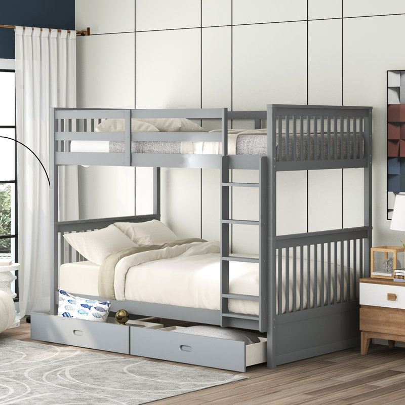 Lit superposé Twintwin en gris avec échelles et rangement - Pratique pour l'espace de la chambre à coucher Deux tiroirs pour un sommeil confortable