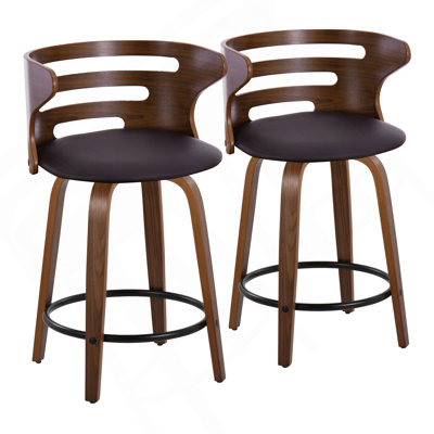 Cosini 24" Mid-Century Modern Fixed-Height Counter Stool With Swivel In Walnut Wood And Brown Faux Leather With Round Black Metal Footrest By Lumisource - Set Of 2