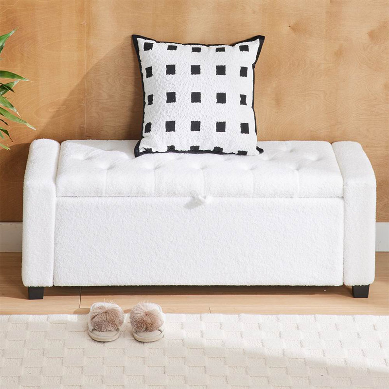 BANC DE RANGEMENT EN VELOURS OTTOMAN, Blanc peluche