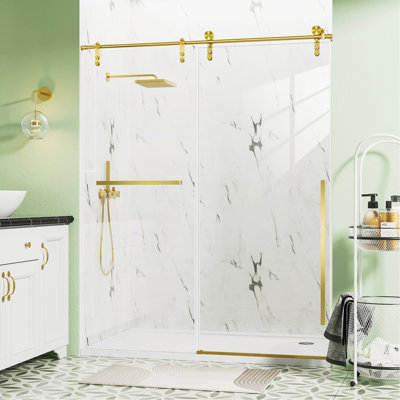 56"-60" W X 75" H Frameless Sliding Shower Door, Brushed Gold Shower Screen, 5/16" (8Mm) Clear Tempered Glass With Explosion-Proof Film