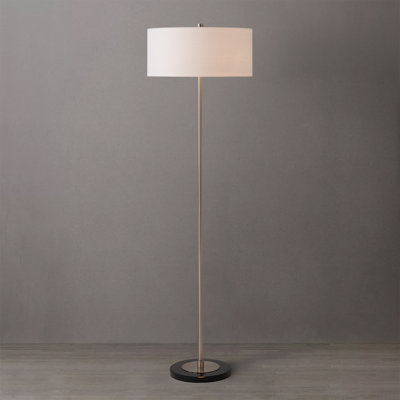 Lampe sur pied Krieger Slimline avec abat-jour en lin blanc tambour, structure et base en acier nickel satiné, style moderne, variateur d'intensité, fabriqué en Californie
