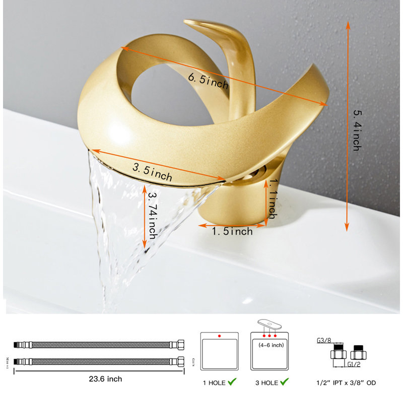 Bathroom Sink Faucet Waterfall Single Lever One Hole Vanity Basin Brass Creative Hollowed Design Tap Waterfall, Brushed Gold