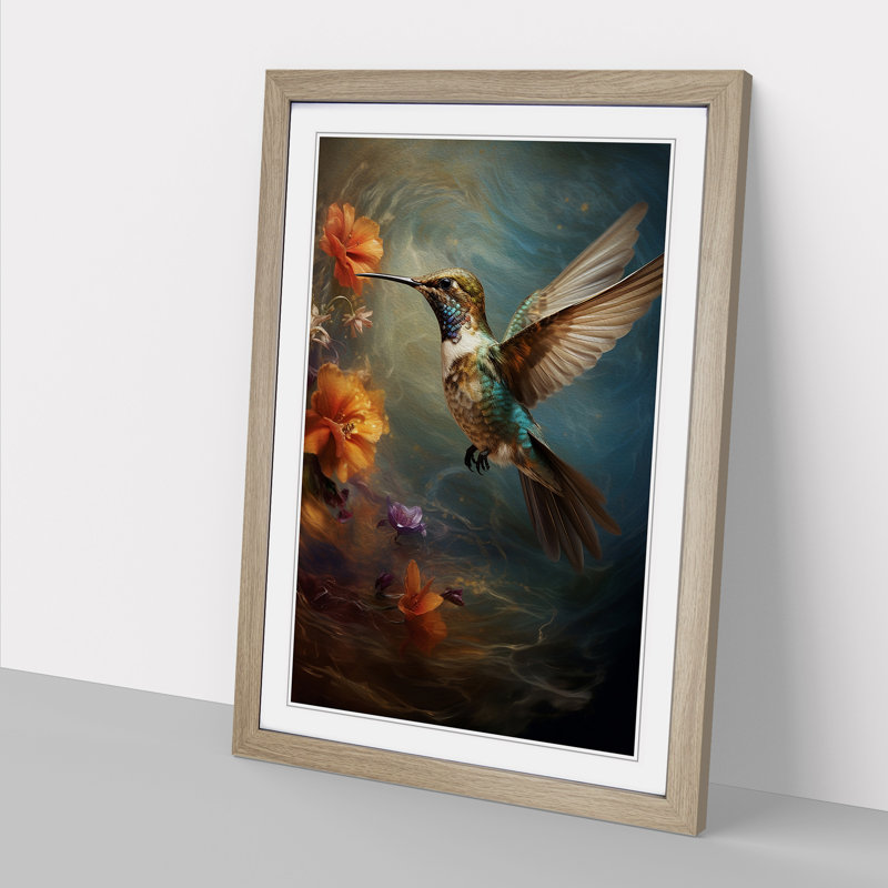 Hummingbird Conceptual - Single Picture Frame Print on Wood, Oak Framed, 46cm H x 34cm W x 2cm D
